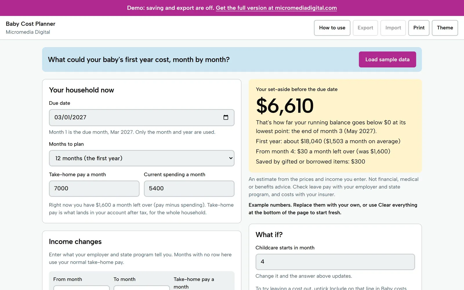 Baby Cost Planner on a laptop: a set-aside of $6,610 before the due date, with a first year of about $18,040