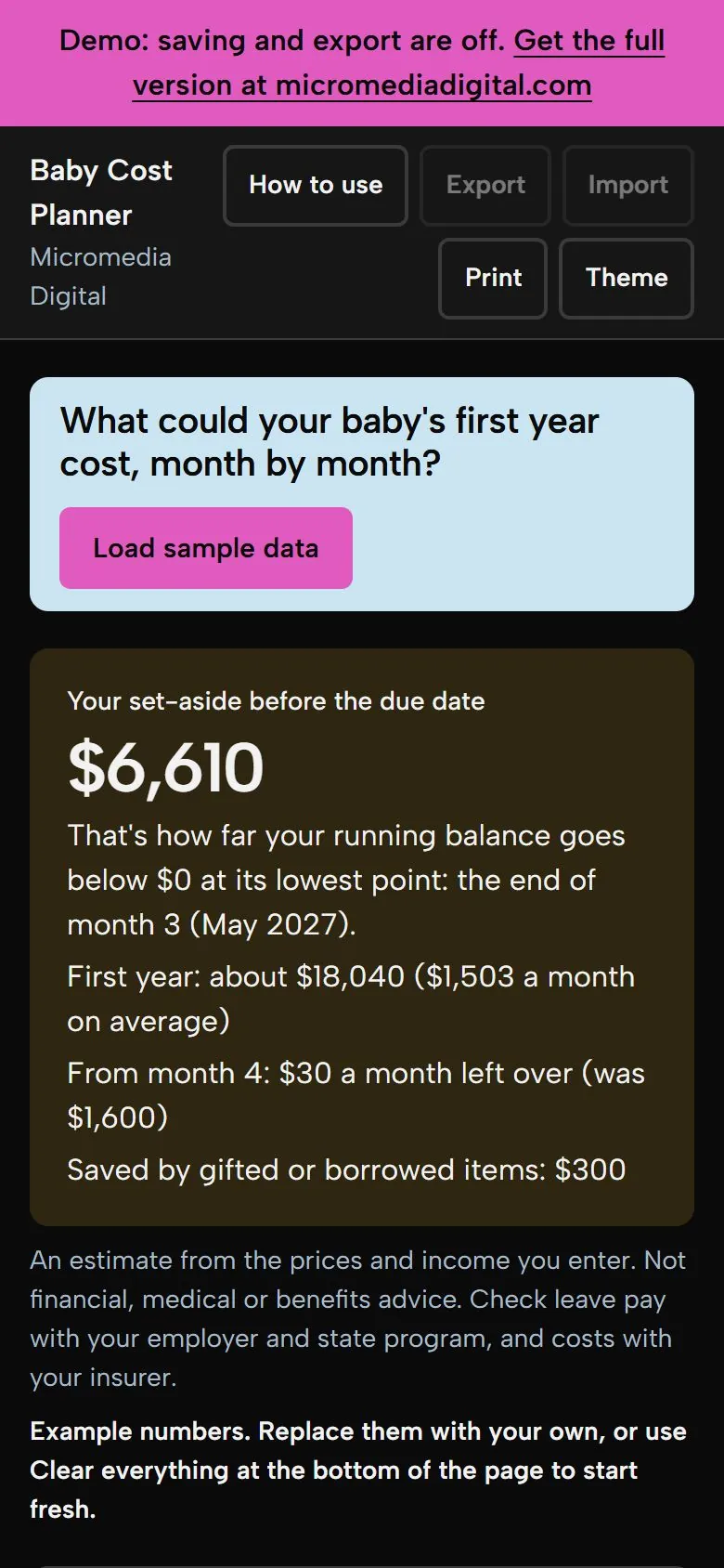 Baby Cost Planner on a phone in dark mode, showing the same answer