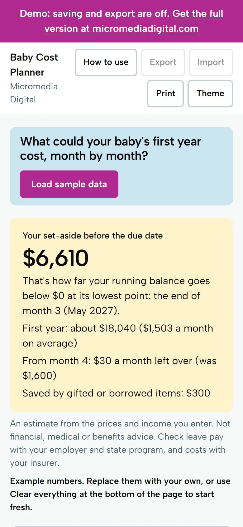 Baby Cost Planner on a phone, light mode: your set-aside before the due date is $6,610, with first-year total and monthly average