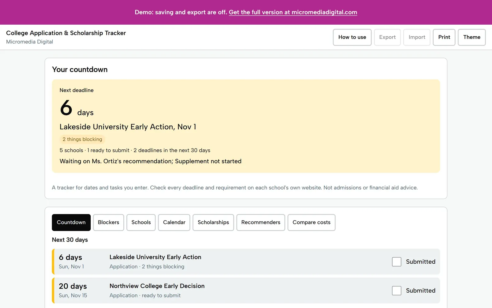 College Application & Scholarship Tracker on a laptop: a countdown to the next deadline, with 2 things blocking it and 5 schools tracked