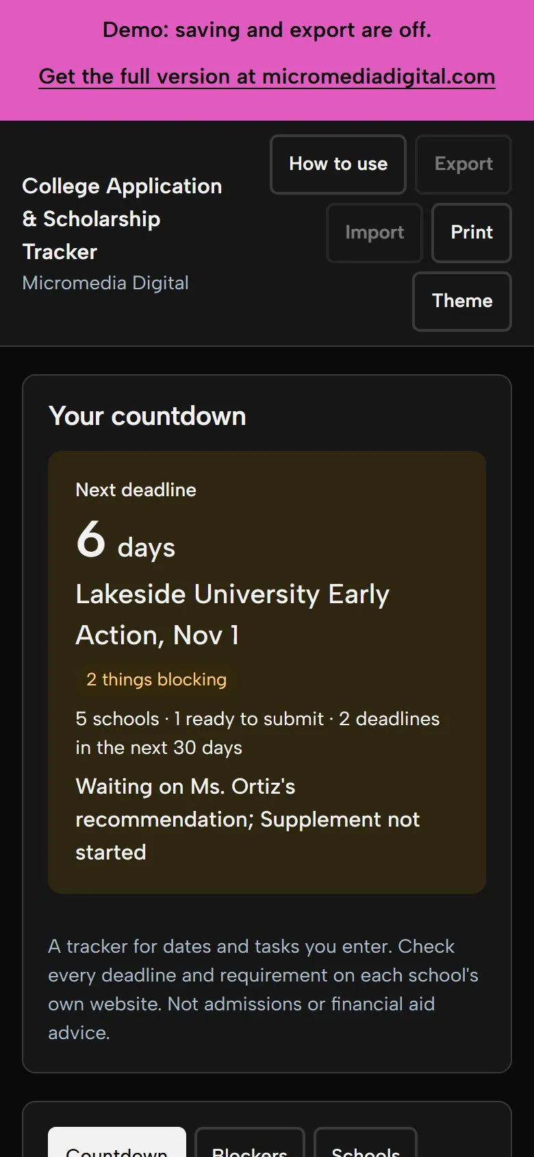 College Application & Scholarship Tracker on a phone in dark mode, showing the same countdown