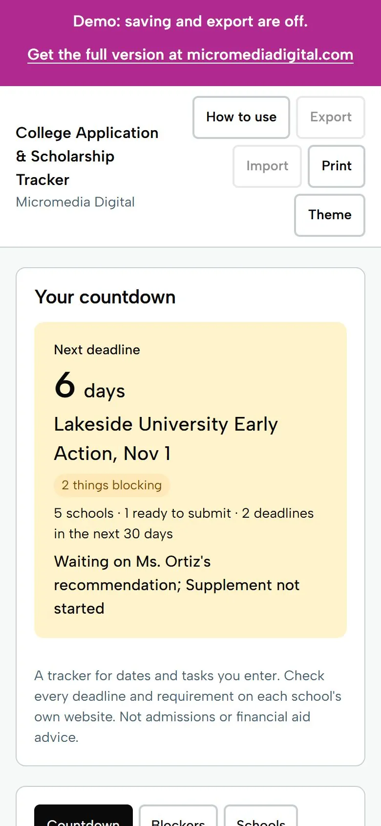 College Application & Scholarship Tracker on a phone, light mode: the next deadline and what is blocking it