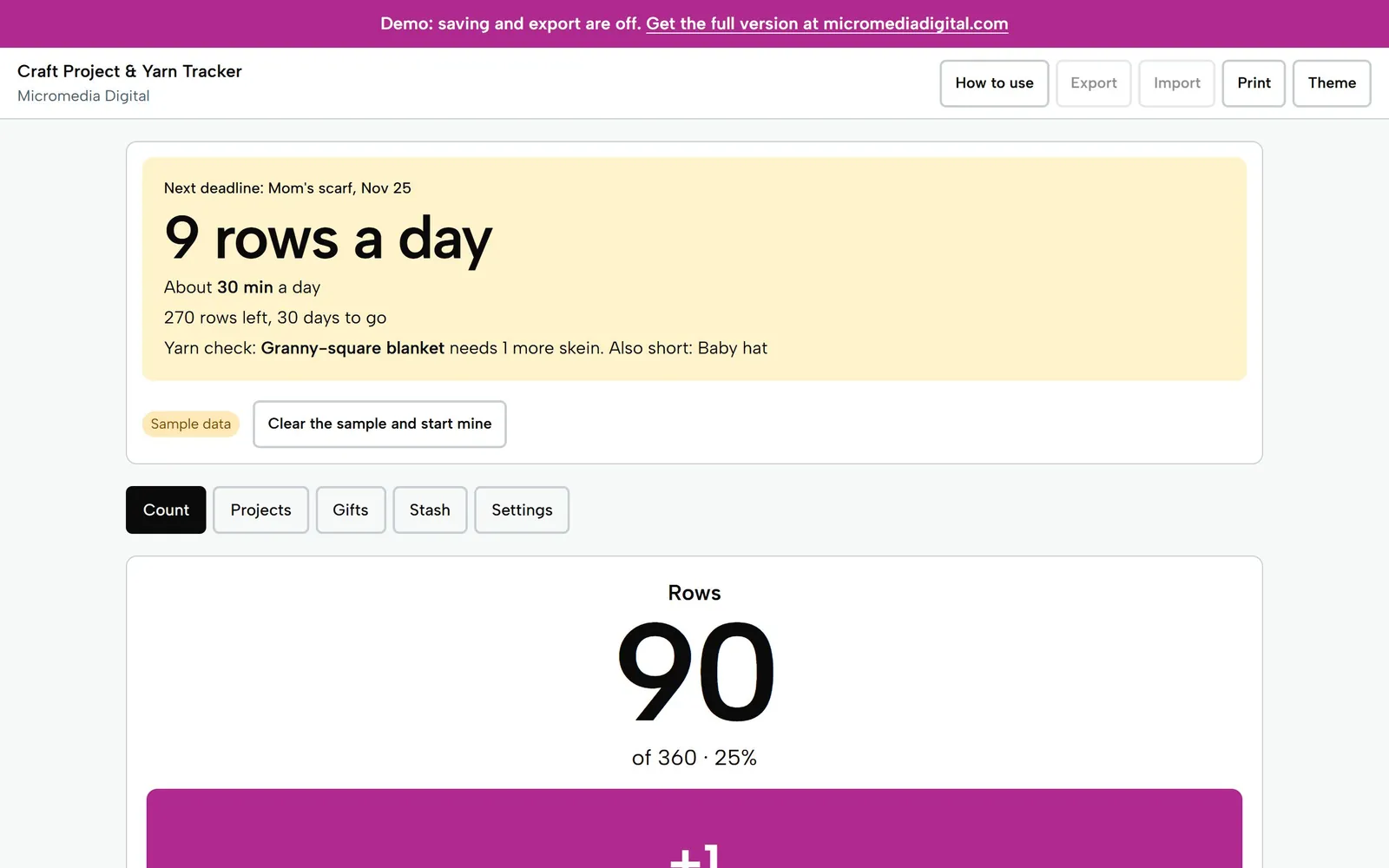 Craft Project & Yarn Tracker on a laptop: a row counter at 90 of 360 rows, a rows-a-day deadline pace and a yarn check