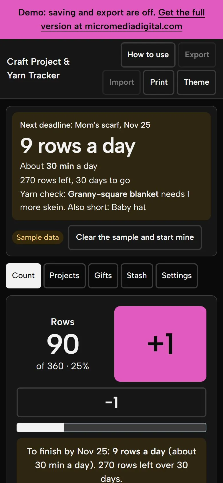 Craft Project & Yarn Tracker on a phone in dark mode, showing the same counter