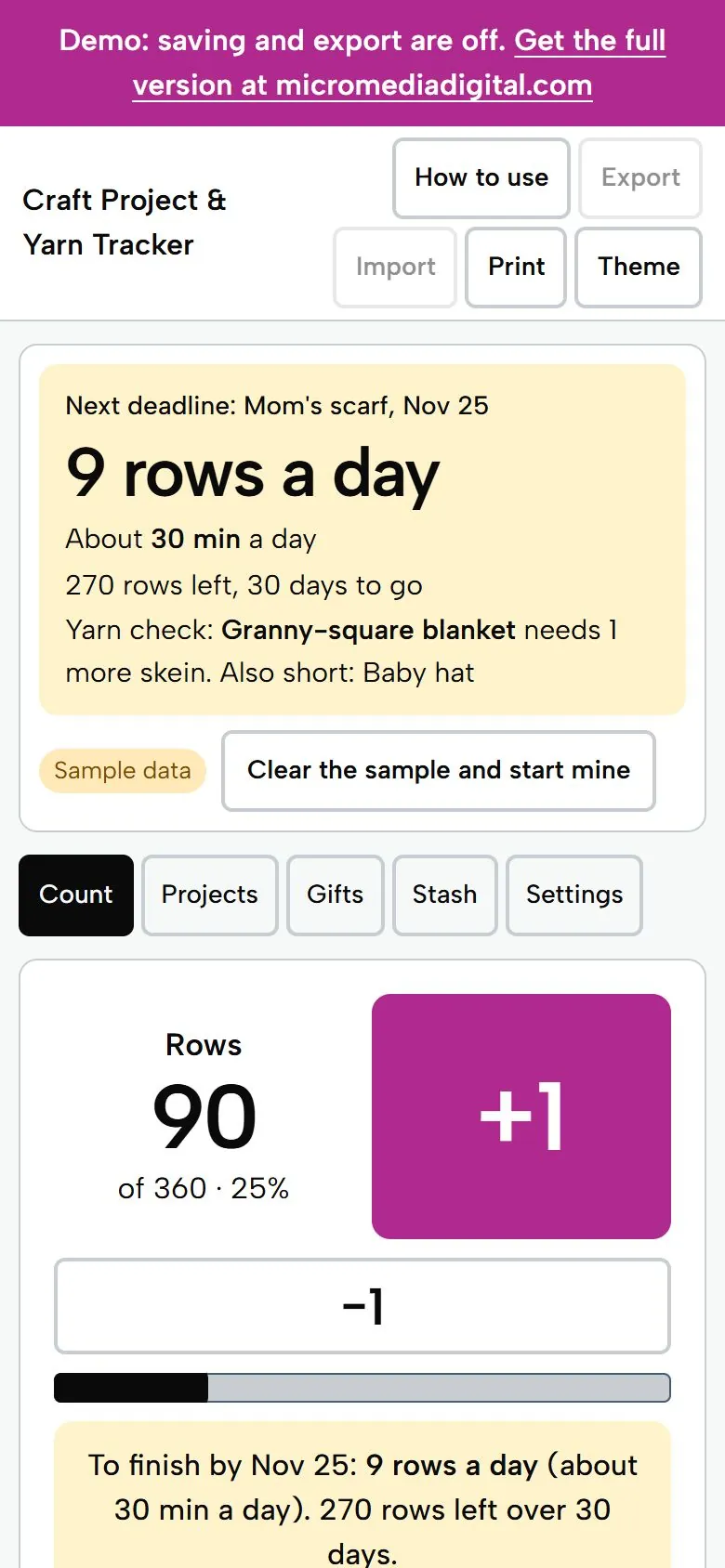 Craft Project & Yarn Tracker on a phone, light mode: the big row counter and the yarn check for the next gift deadline