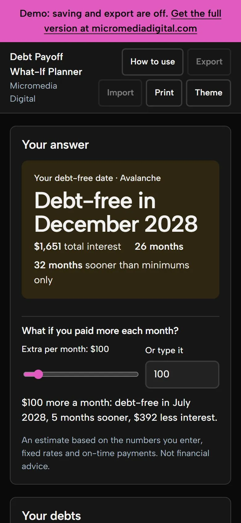 Debt Payoff What-If Planner on a phone in dark mode, showing the same answer
