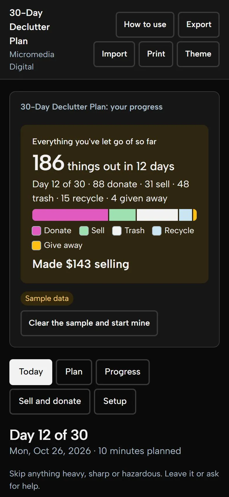 30-Day Declutter Plan on a phone in dark mode, showing the same progress