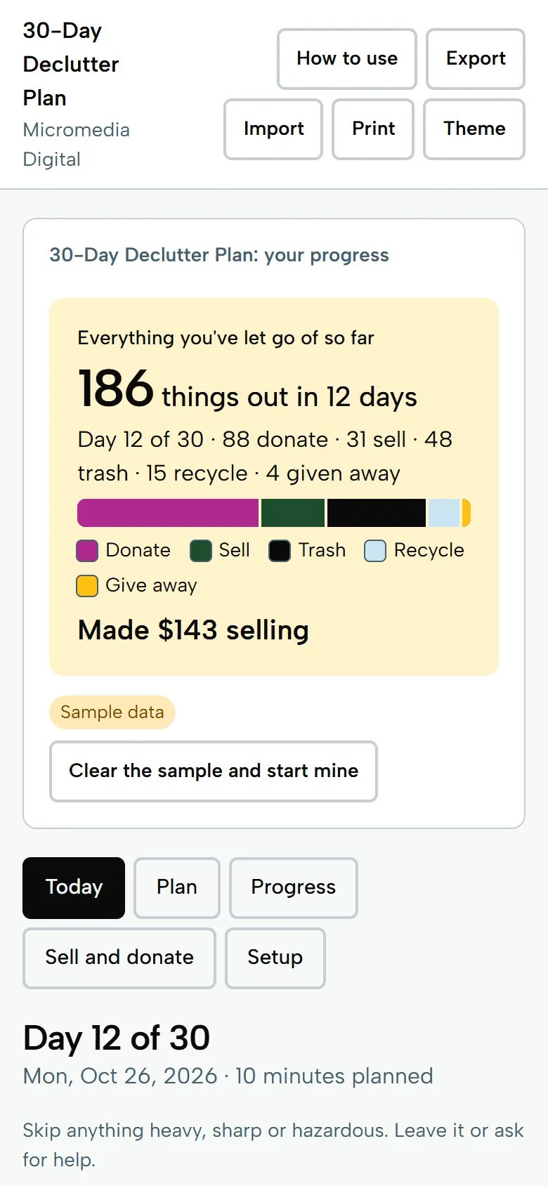 30-Day Declutter Plan on a phone, light mode: day 12 of 30, 186 things out, and $143 made selling