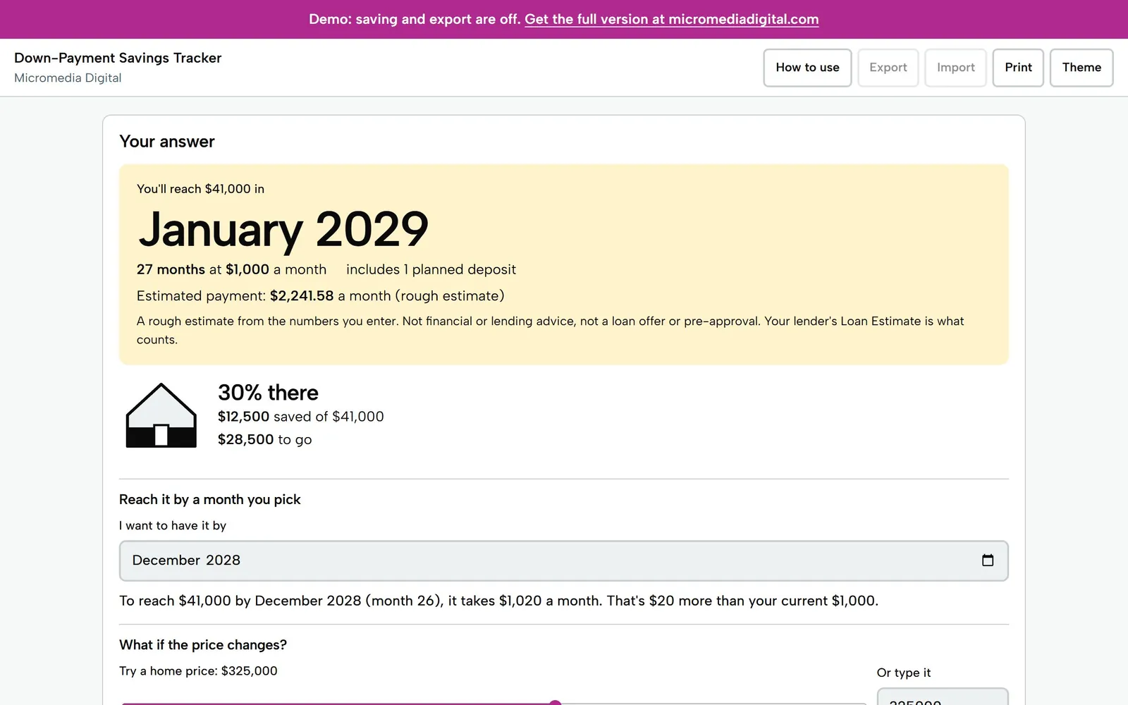 Down-Payment Savings Tracker on a laptop: $12,500 saved toward a $41,000 goal, 30% there, with a rough estimated payment of $2,241.58 a month
