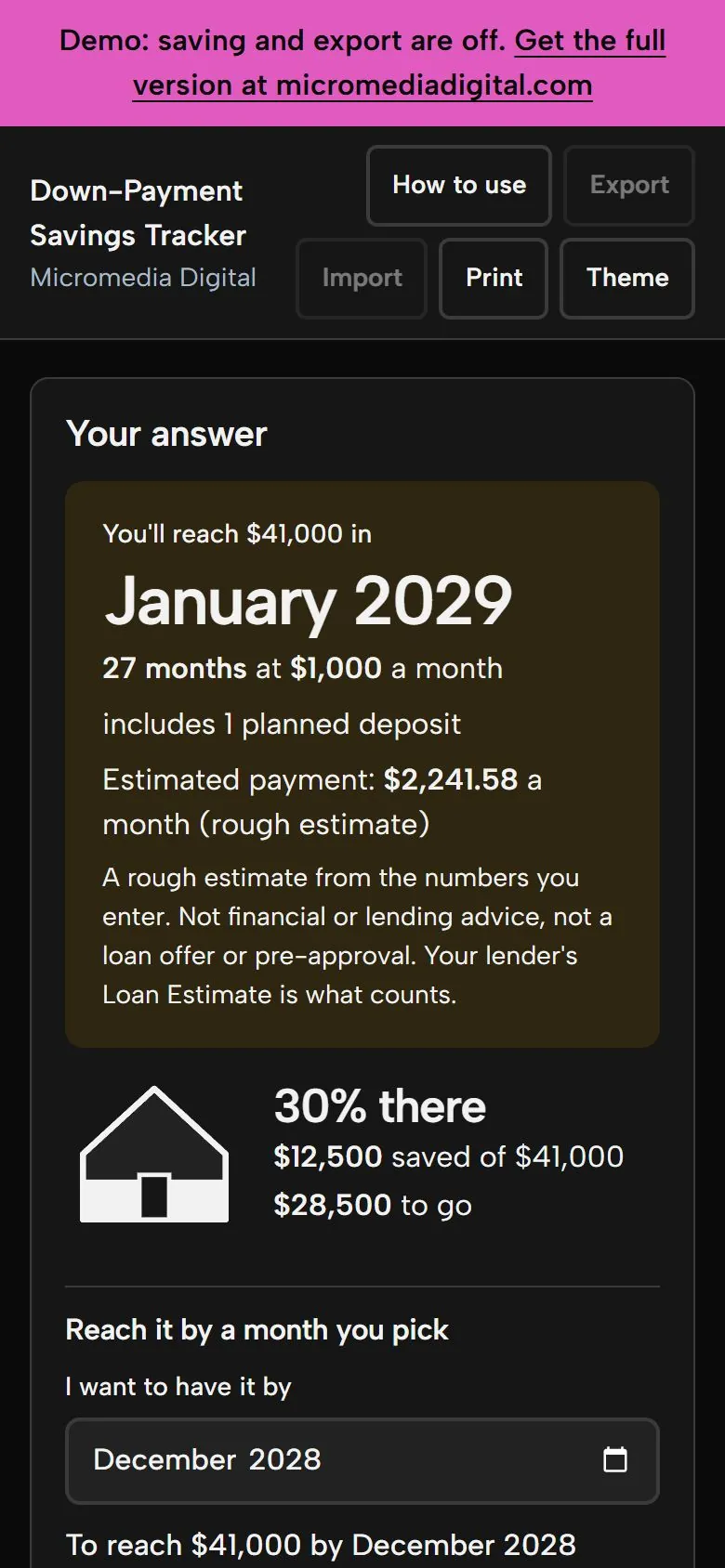 Down-Payment Savings Tracker on a phone in dark mode, showing the same goal progress