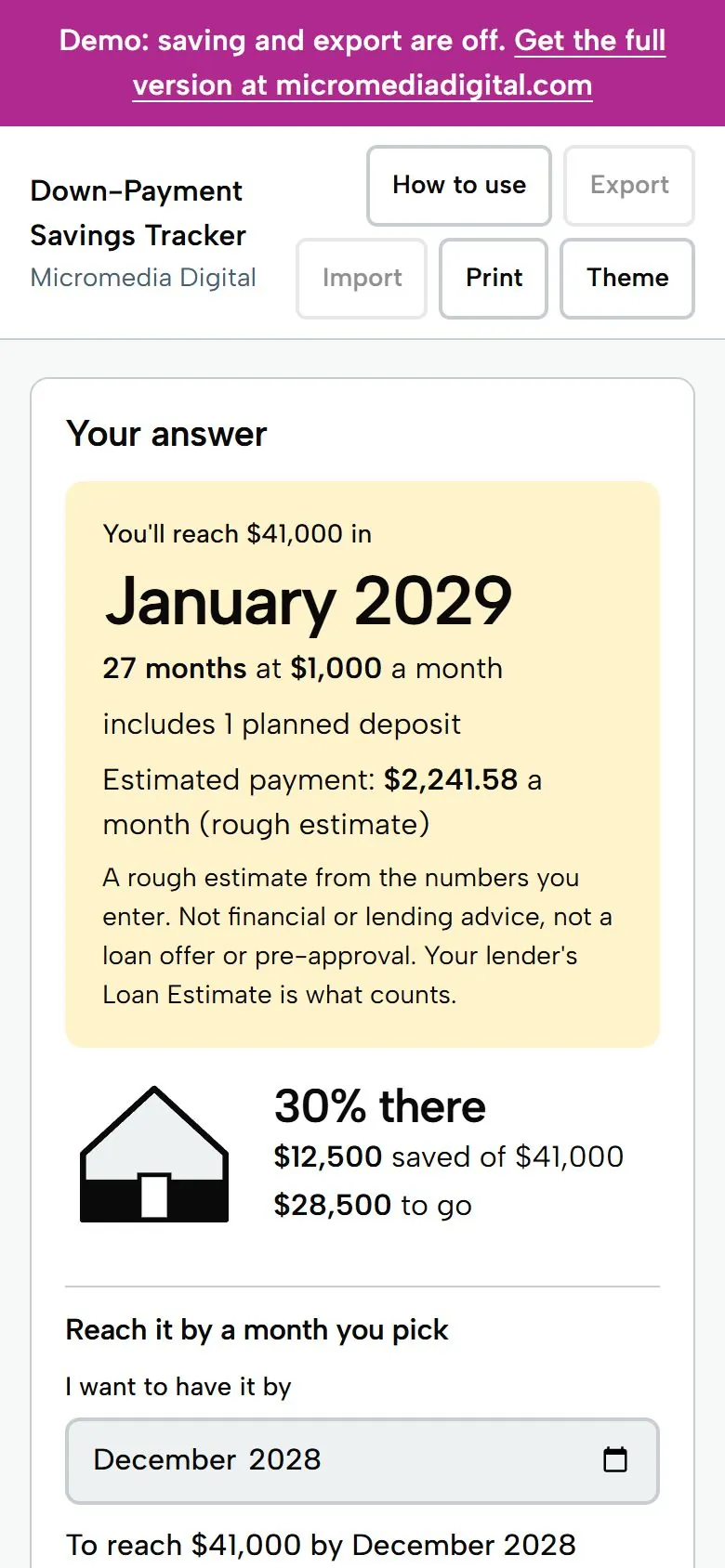 Down-Payment Savings Tracker on a phone, light mode: how far along the goal is and the rough monthly payment