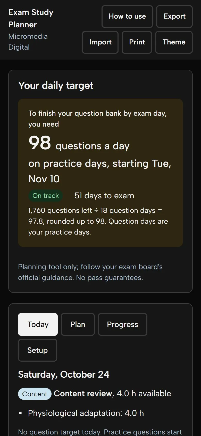Exam Study Planner on a phone in dark mode, showing the same target