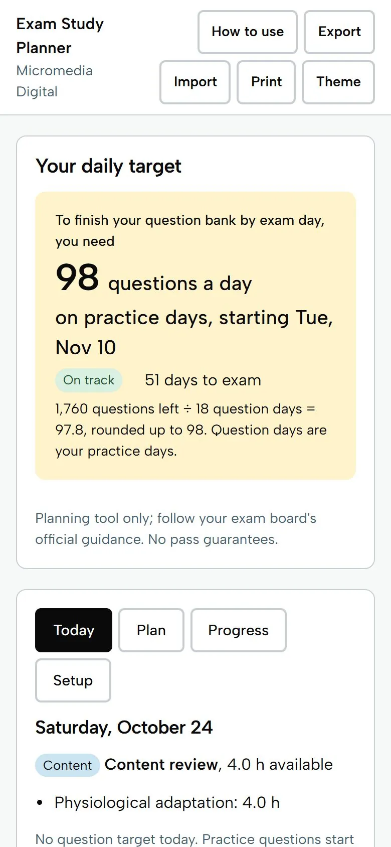 Exam Study Planner on a phone, light mode, showing the daily question target