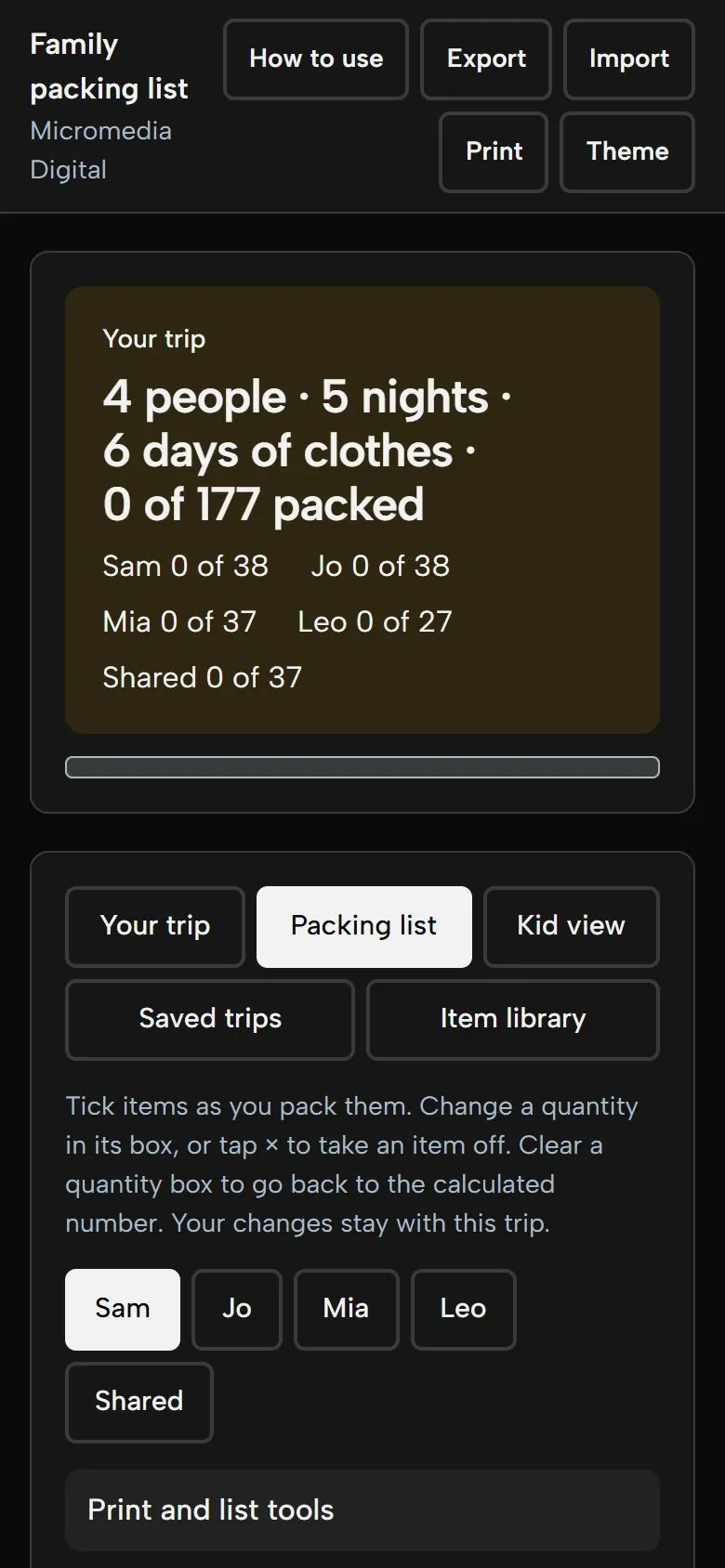 Family Packing List Builder on a phone in dark mode, showing the same trip