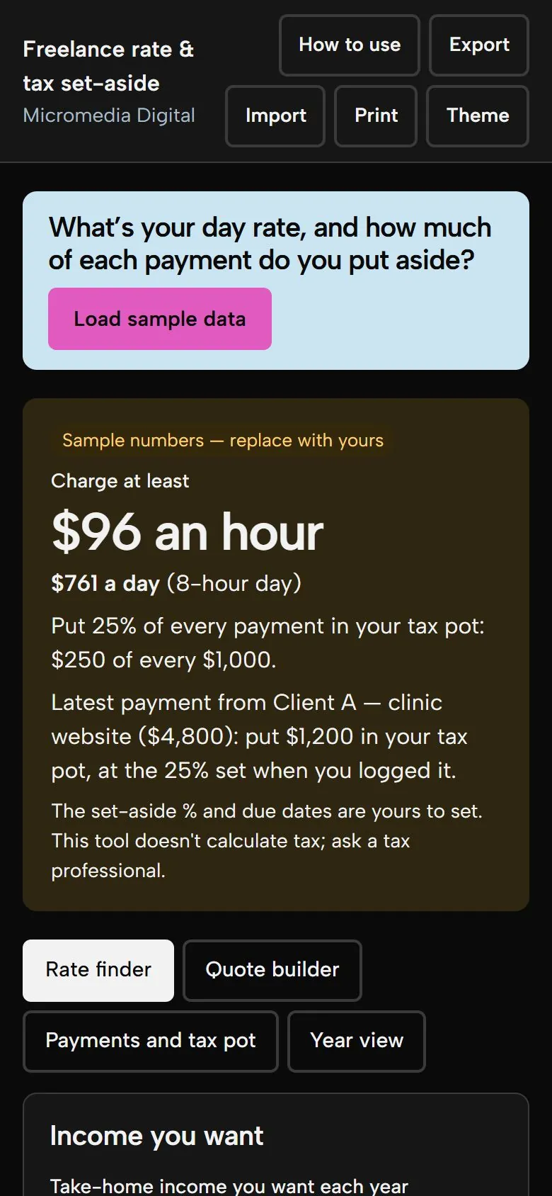 Freelance Rate & Tax Set-Aside on a phone in dark mode, showing the same rate