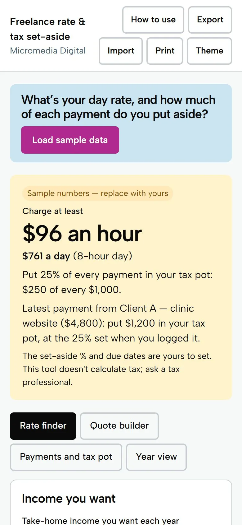 Freelance Rate & Tax Set-Aside on a phone, light mode: charge at least $96 an hour