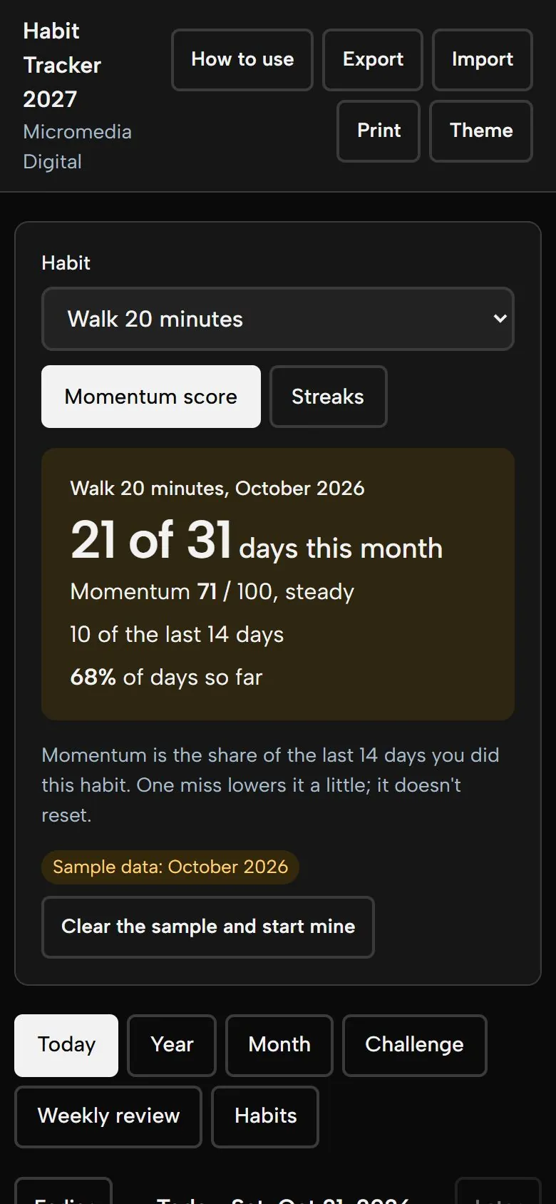 Habit Tracker 2027 on a phone in dark mode, showing the same month