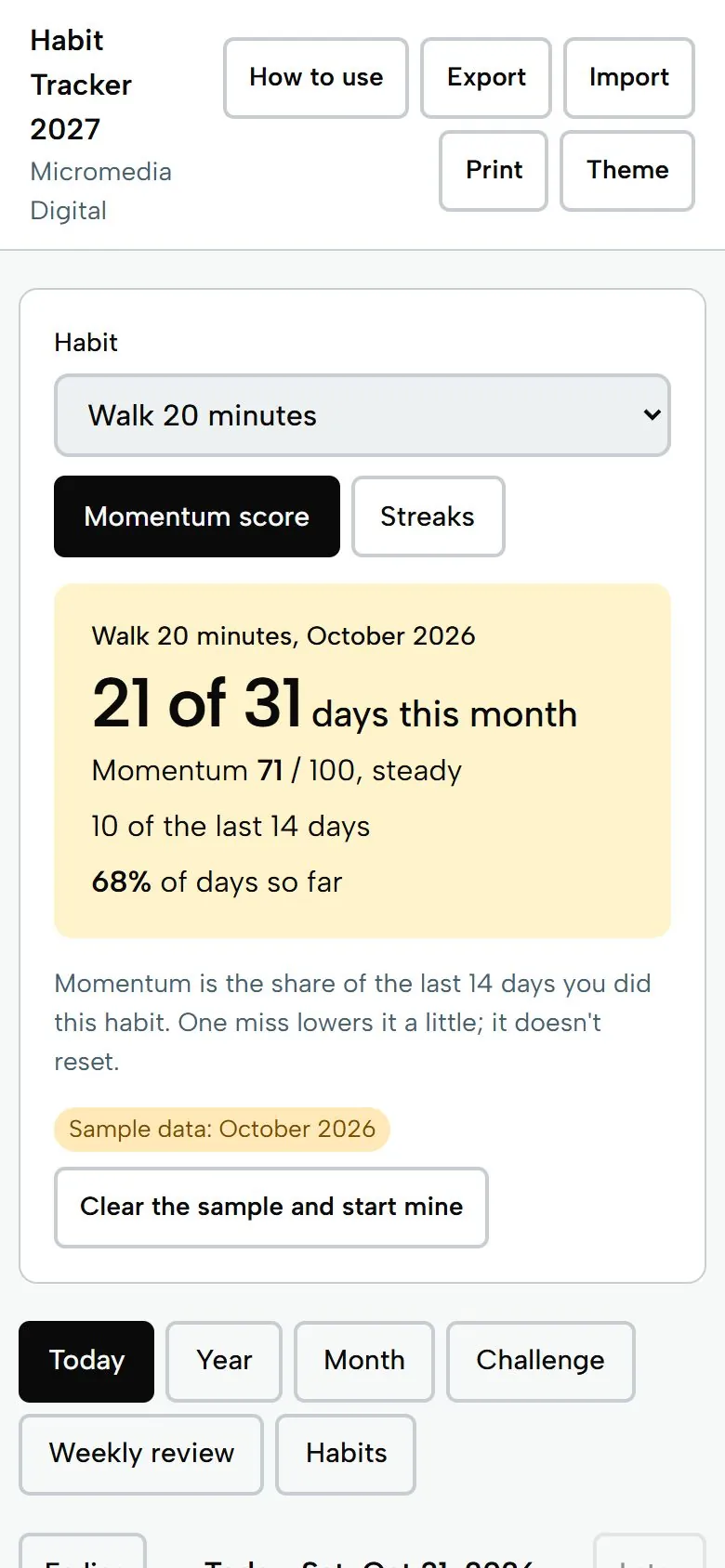 Habit Tracker 2027 on a phone, light mode: 21 of 31 days this month, momentum 71 of 100