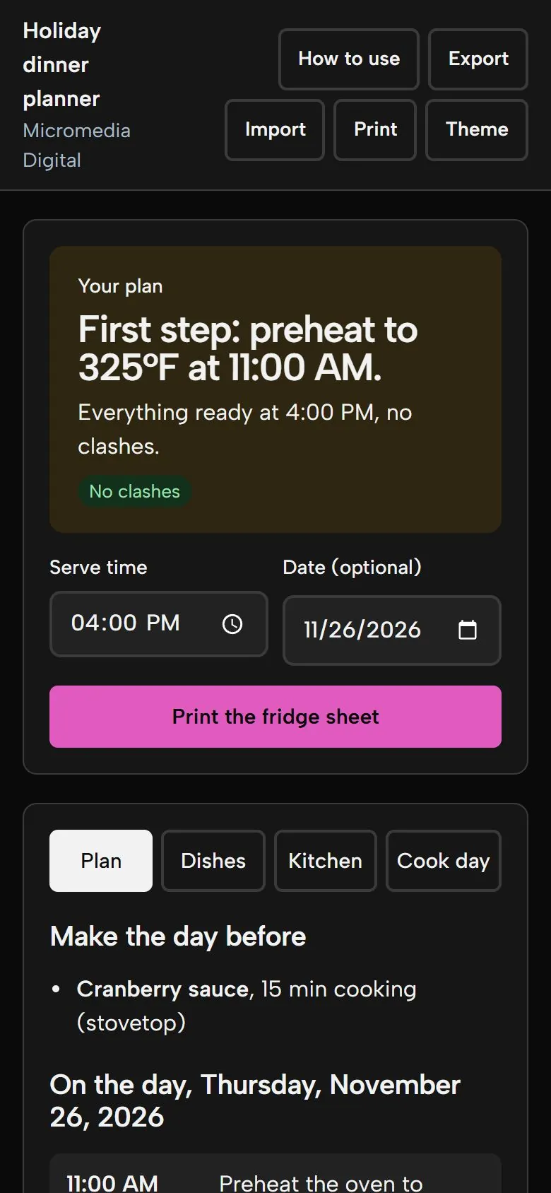 Holiday Dinner Cook-Timing Planner on a phone in dark mode, showing the same plan