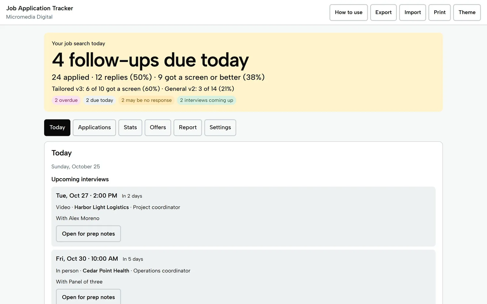 Job Application Tracker on a laptop: 4 follow-ups due today, 24 applied, 12 replies and 9 screens