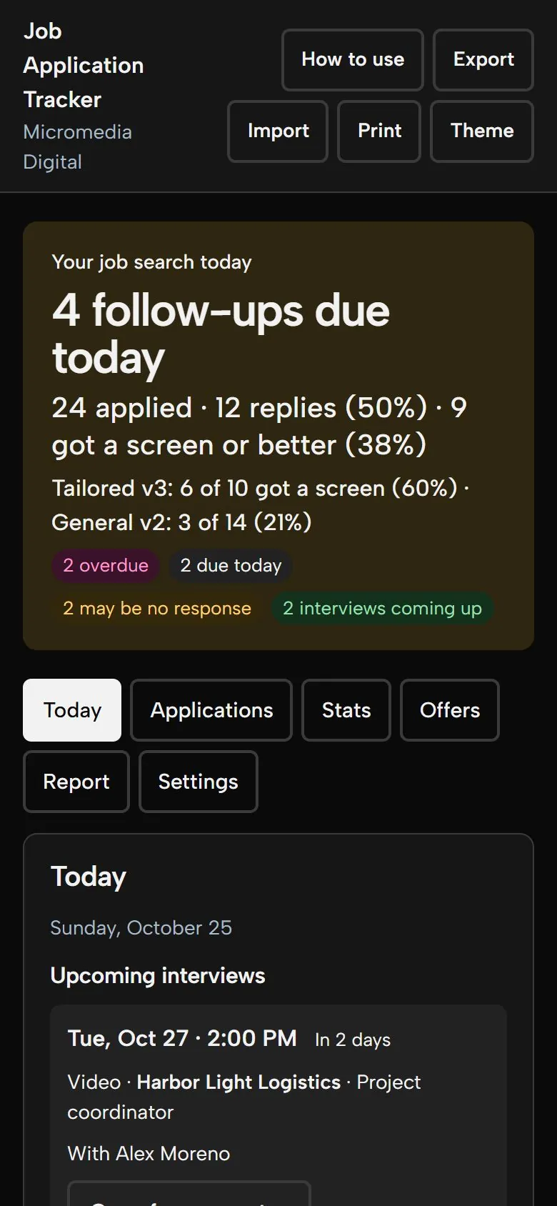 Job Application Tracker on a phone in dark mode, showing the same day