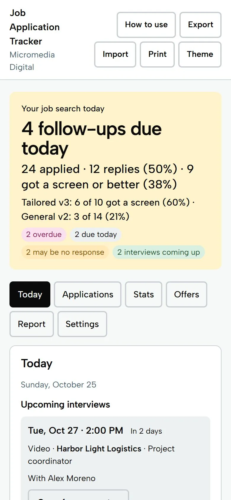 Job Application Tracker on a phone, light mode: 4 follow-ups due today, with reply and screen counts by resume version