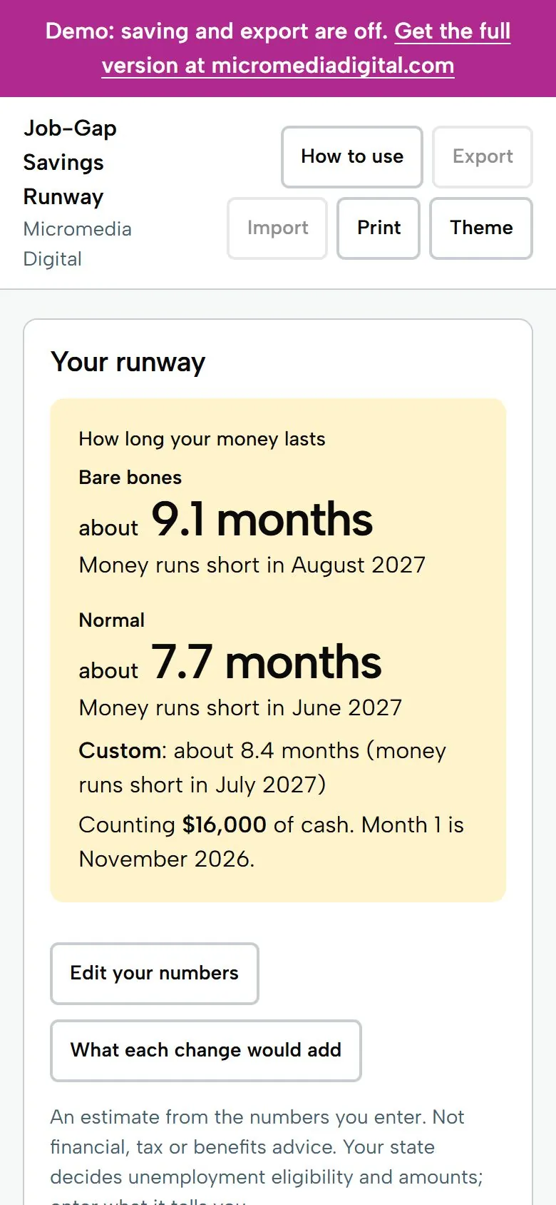 Job-Gap Savings Runway on a phone, light mode: how long your money lasts on bare-bones and normal budgets