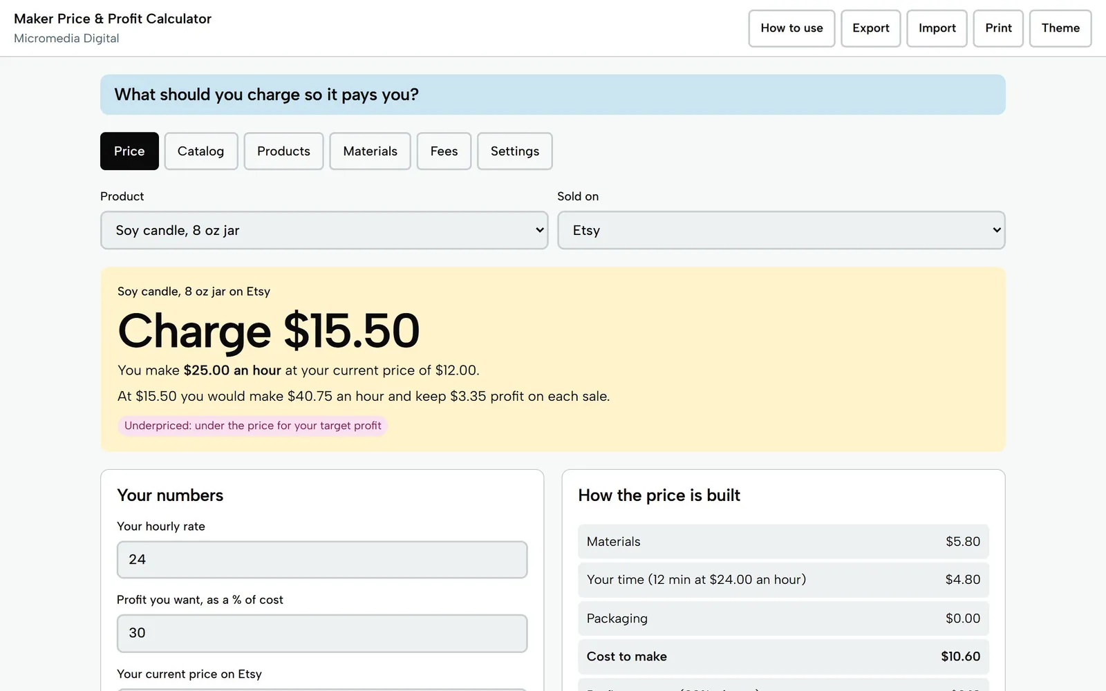 Maker Price & Profit Calculator on a laptop: charge $15.50 for a soy candle on Etsy, and you make $25.00 an hour at your current $12.00 price