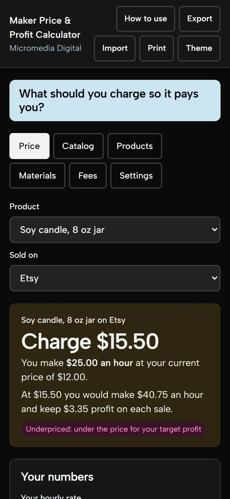 Maker Price & Profit Calculator on a phone in dark mode, showing the same price
