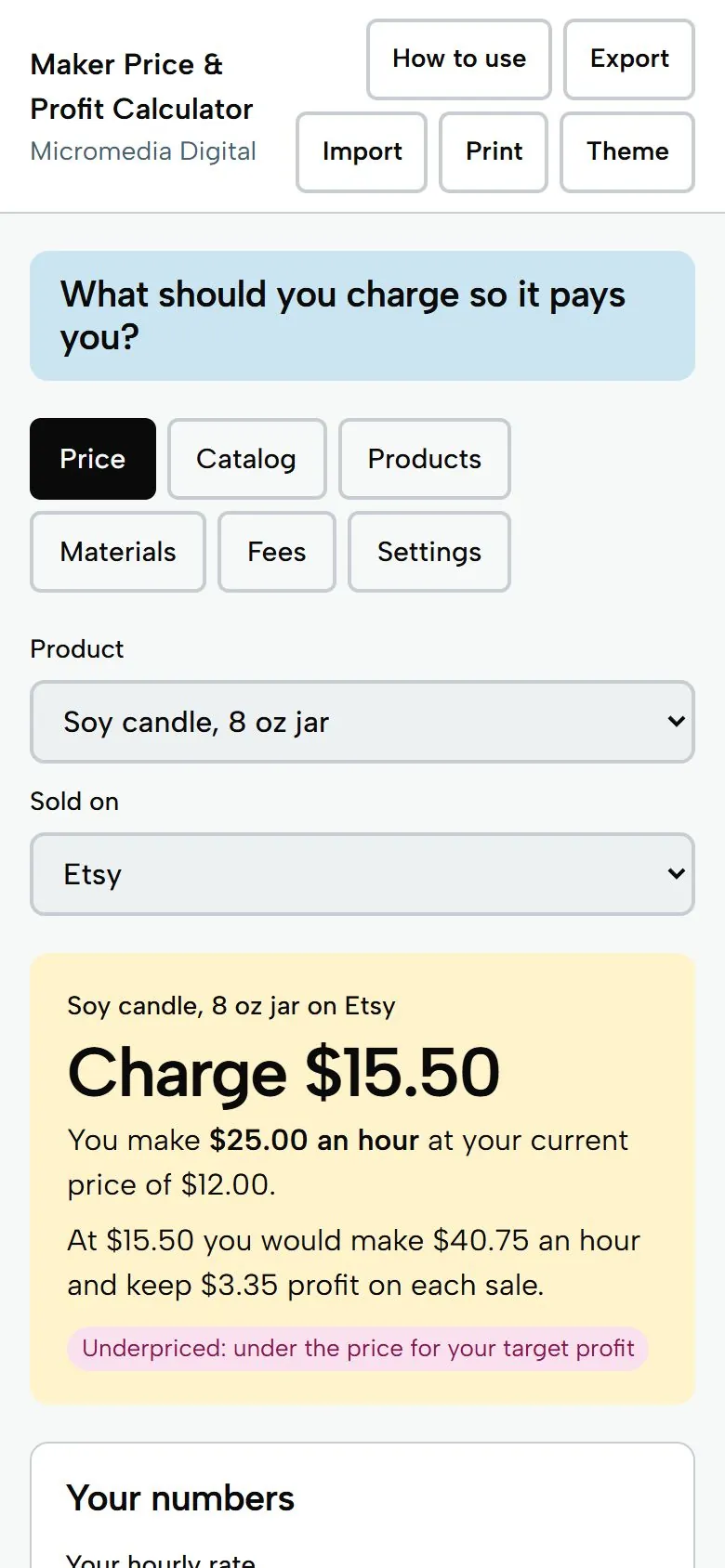 Maker Price & Profit Calculator on a phone, light mode, showing the recommended price