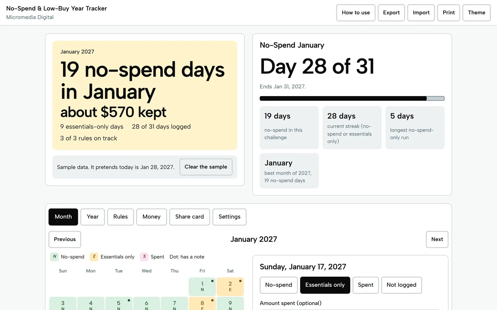 No-Spend & Low-Buy Year Tracker on a laptop: 19 no-spend days in January, about $570 kept, day 28 of 31 of No-Spend January