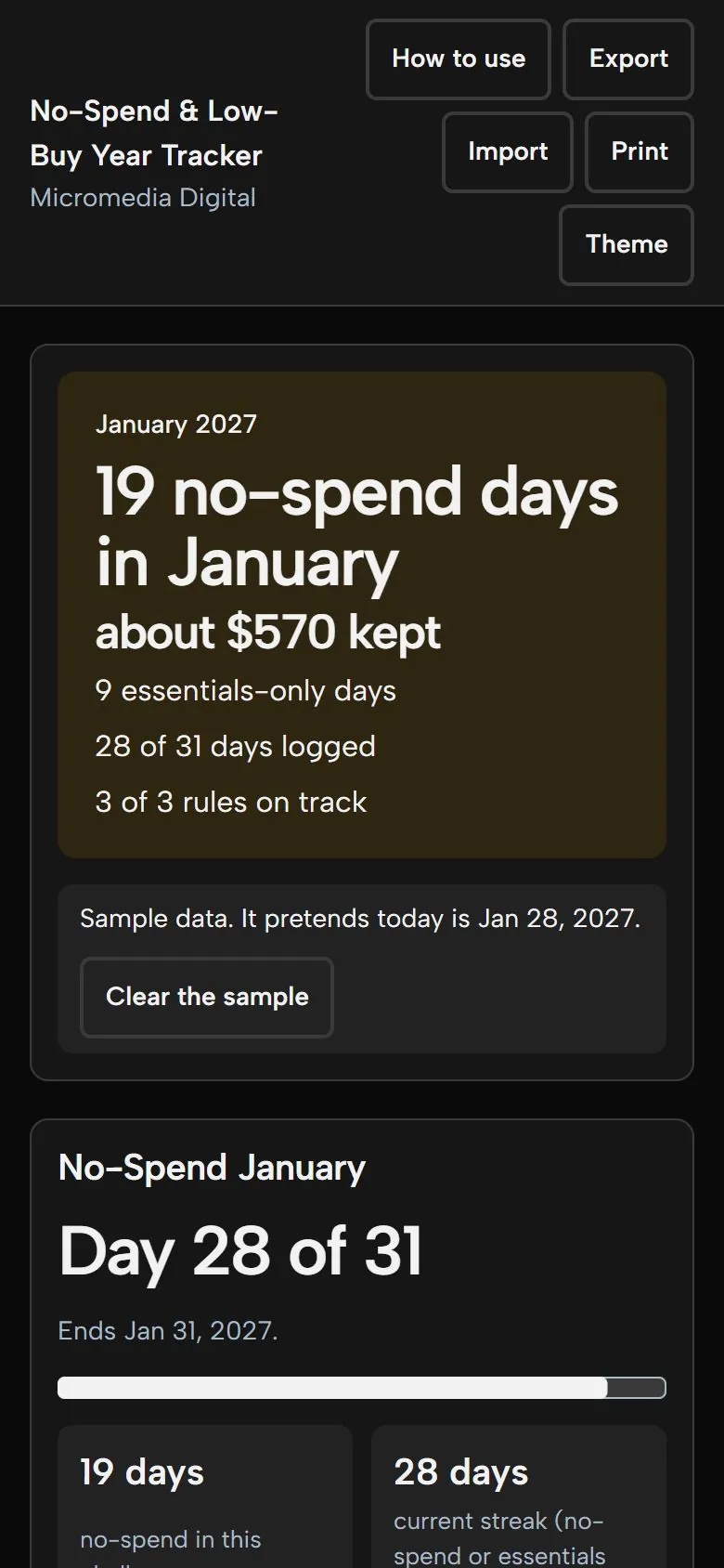 No-Spend & Low-Buy Year Tracker on a phone in dark mode, showing the same month