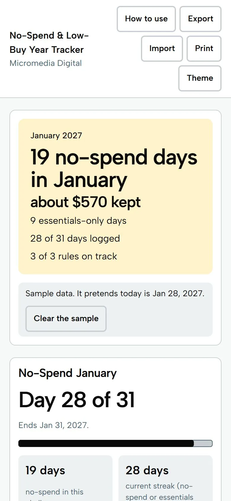 No-Spend & Low-Buy Year Tracker on a phone, light mode, showing 19 no-spend days and about $570 kept