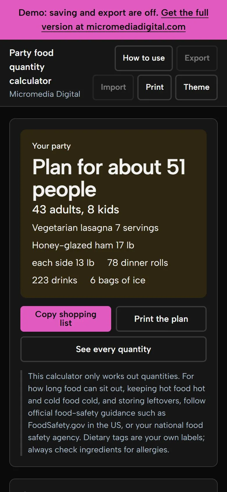 Party & Buffet Food Quantity Calculator on a phone in dark mode, showing the same plan