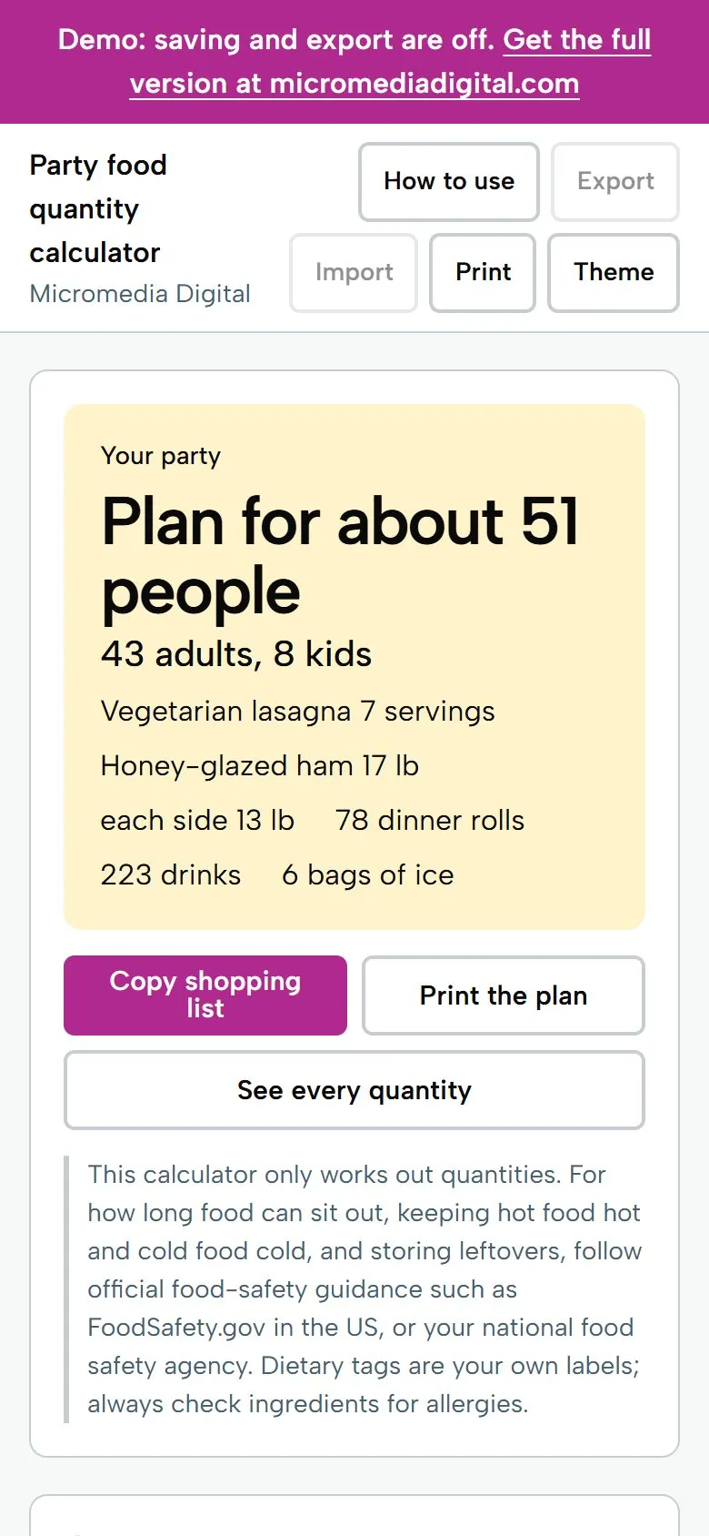 Party & Buffet Food Quantity Calculator on a phone, light mode: the headline guest count and the quantity of each dish