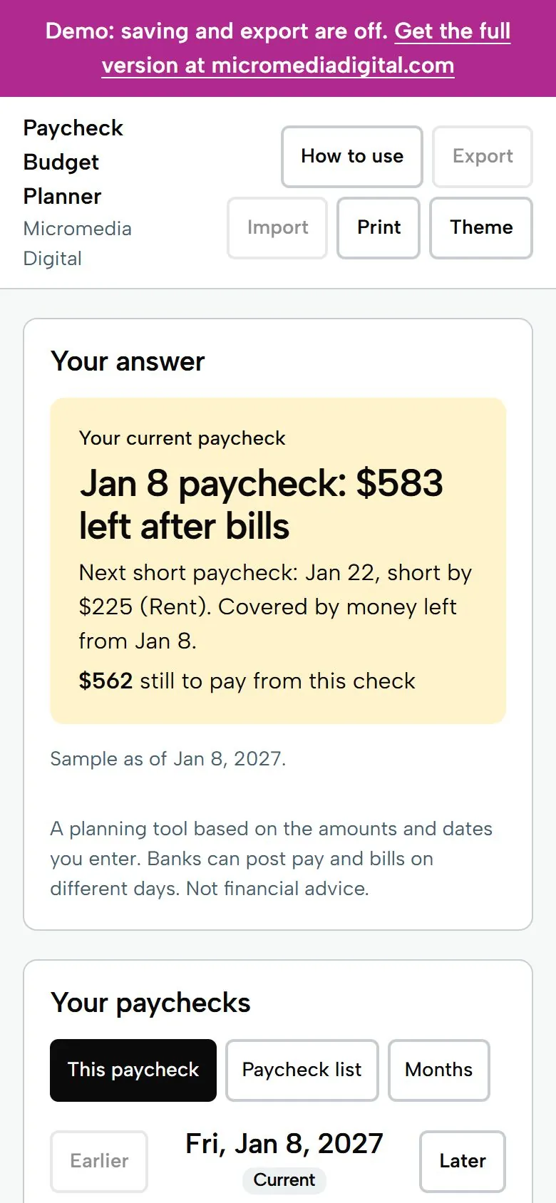 Paycheck Budget Planner on a phone, light mode, showing what is left from the current paycheck and the next short payday