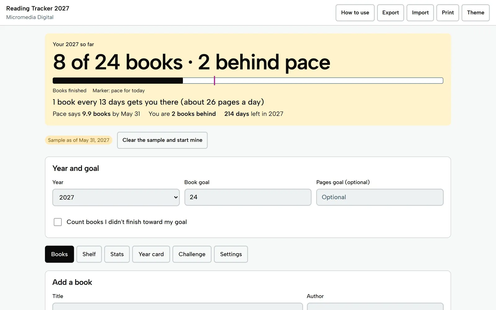 Reading Tracker 2027 on a laptop: 8 of 24 books finished, 2 behind pace, with the books-per-month stats