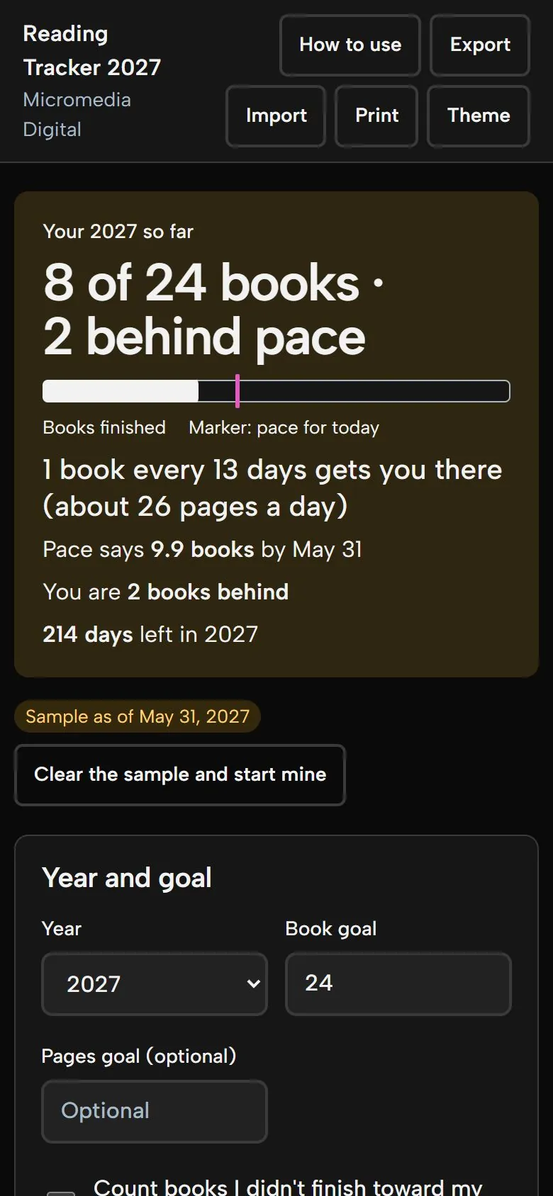 Reading Tracker 2027 on a phone in dark mode, showing the same answer