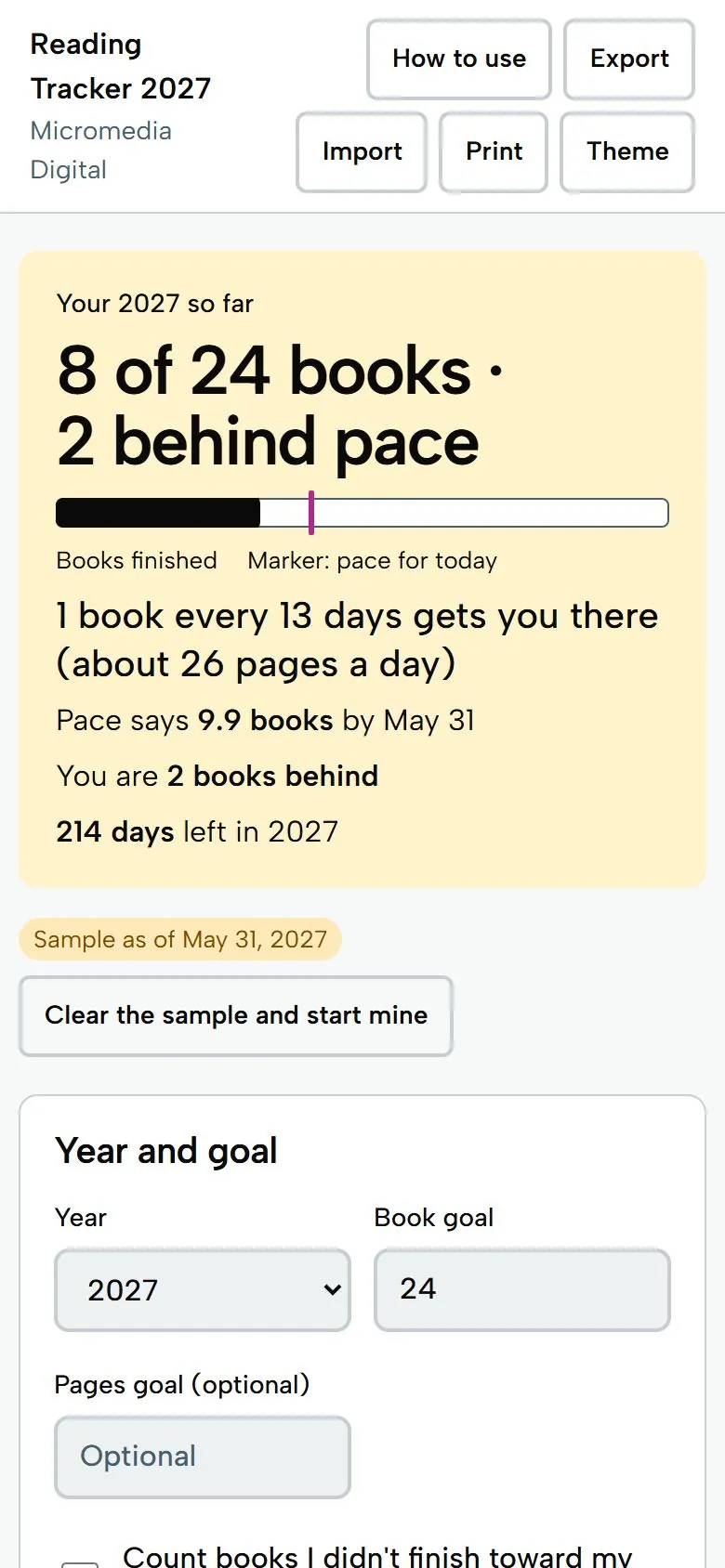 Reading Tracker 2027 on a phone, light mode: 8 of 24 books, 2 behind pace, and one book every 13 days to catch up
