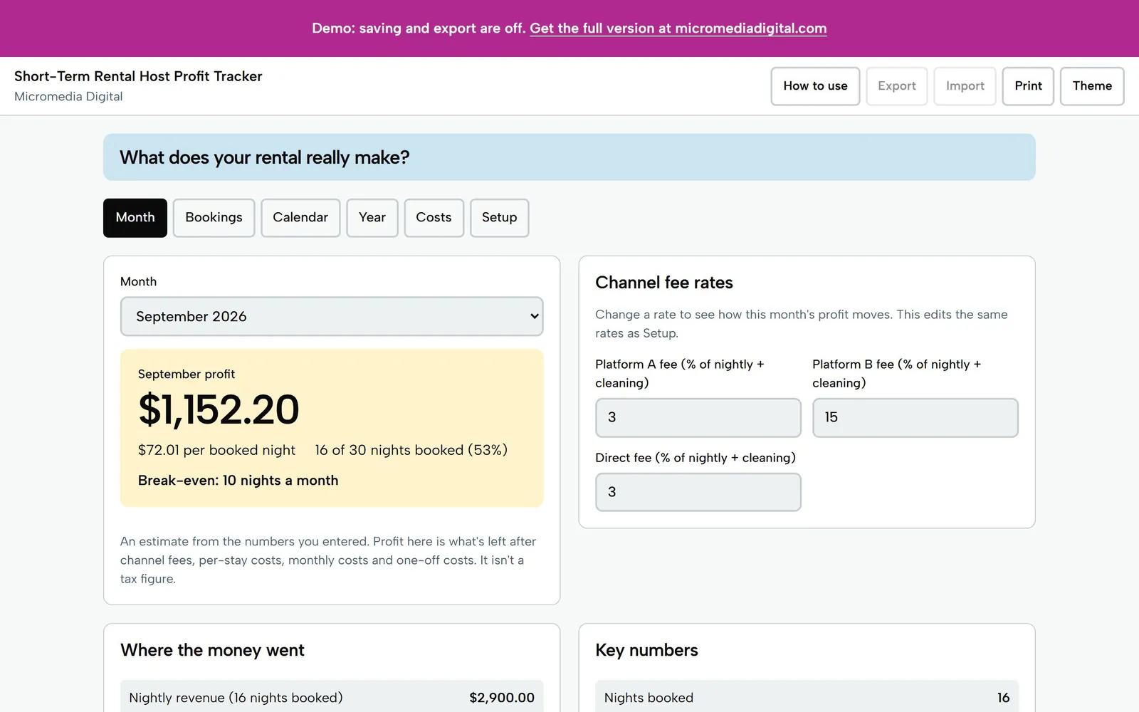 Short-Term Rental Host Profit Tracker on a laptop: a sample month with profit of $1,152.20, $72.01 per booked night, 16 nights booked and break-even at 10 nights a month