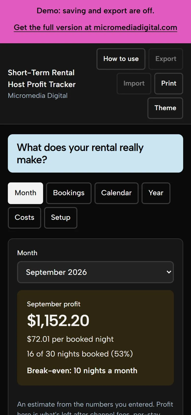 Short-Term Rental Host Profit Tracker on a phone in dark mode, showing the same month profit