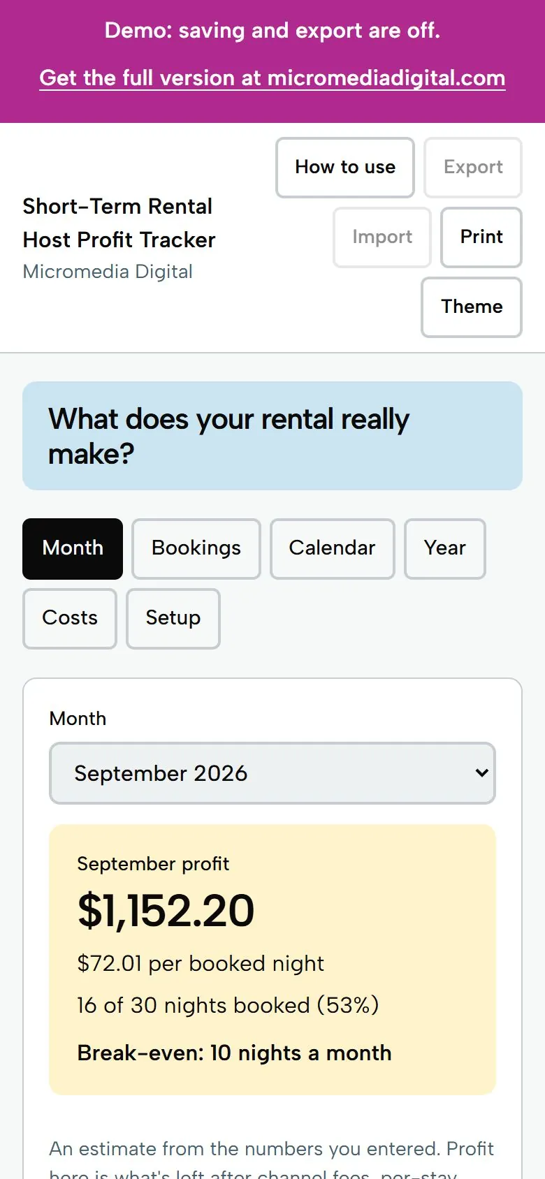 Short-Term Rental Host Profit Tracker on a phone, light mode: the month profit and key numbers