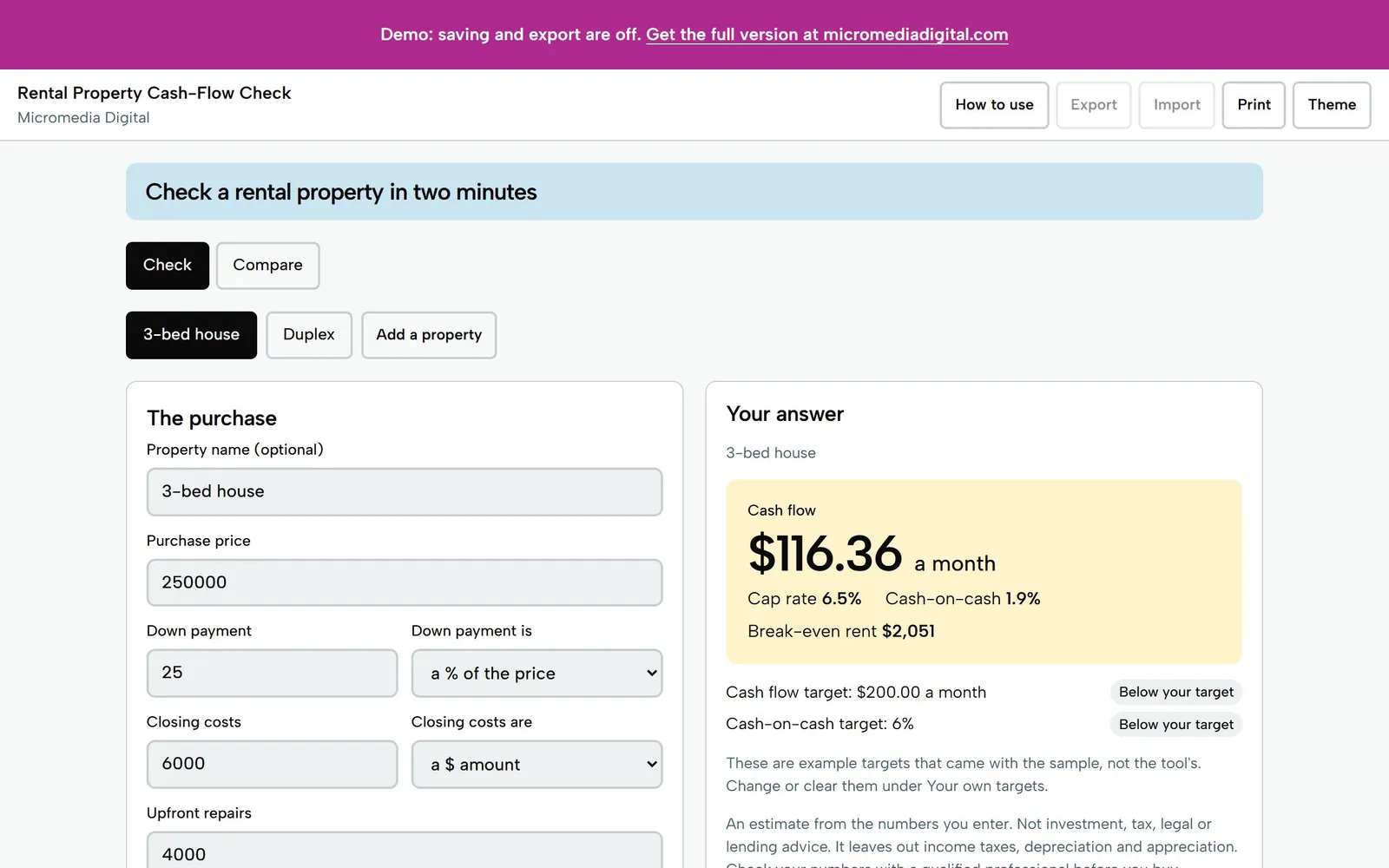 Rental Property Cash-Flow Check on a laptop: the sample 3-bed house at $116.36 a month cash flow, 6.5% cap rate, 1.9% cash-on-cash and break-even rent of $2,051