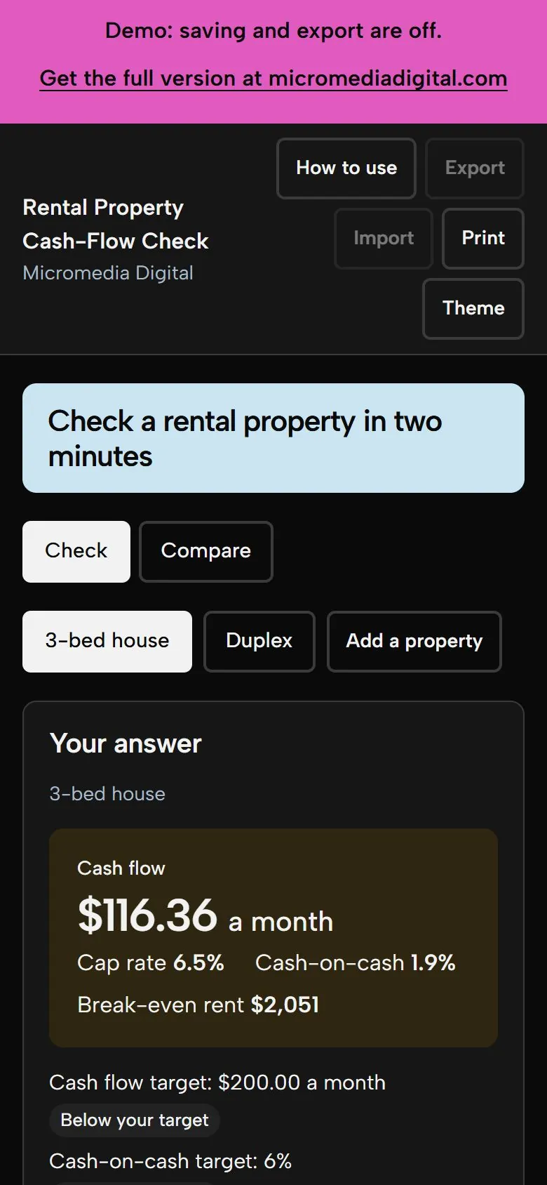 Rental Property Cash-Flow Check on a phone in dark mode, showing the same inputs and answer