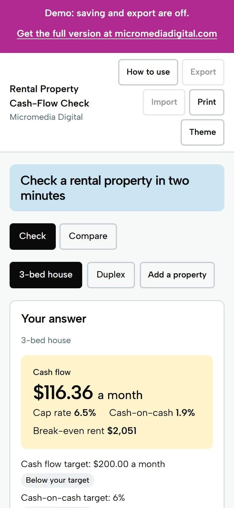 Rental Property Cash-Flow Check on a phone, light mode: the property inputs and the cash-flow answer