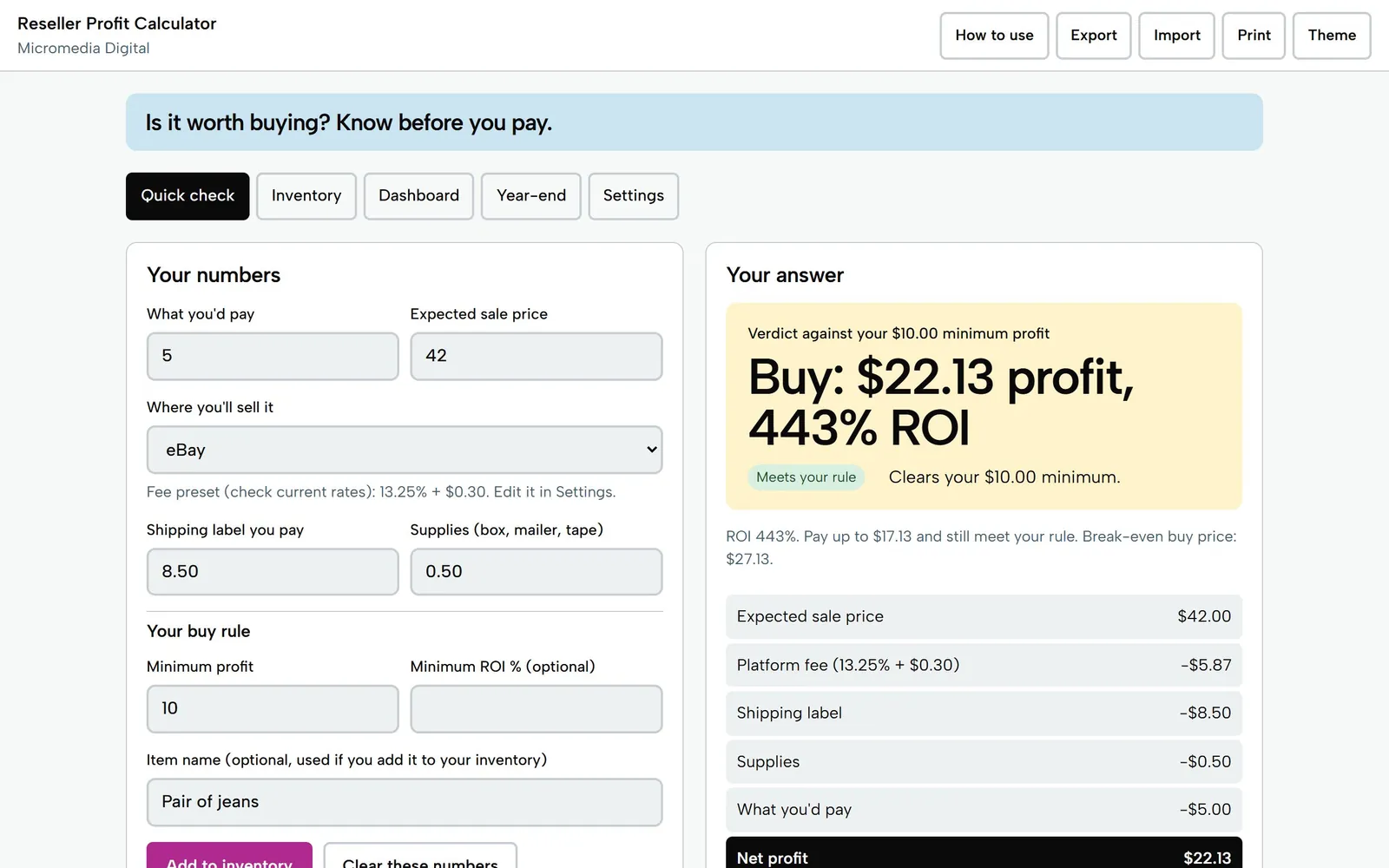 Reseller Profit Calculator on a laptop: jeans bought for $5 and sold for $42 on eBay make $22.13 profit, a 443% ROI, after fee, label and supplies