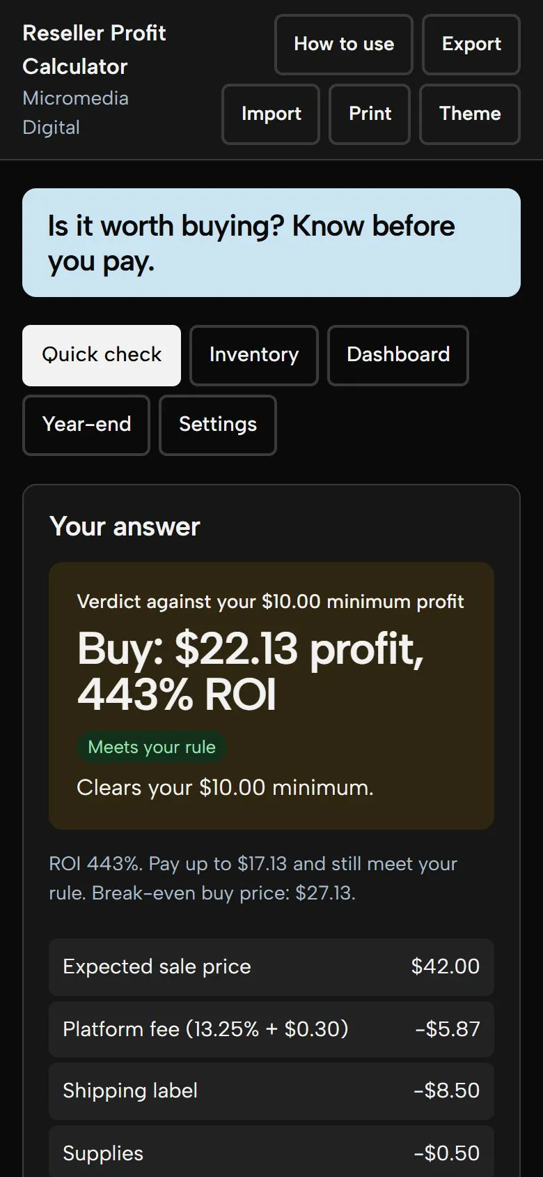 Reseller Profit Calculator on a phone in dark mode, showing the same verdict