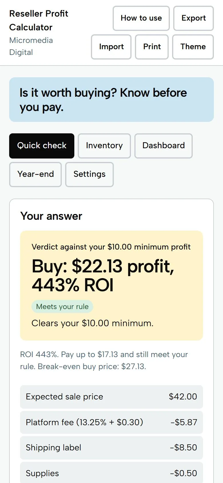 Reseller Profit Calculator on a phone, light mode, showing the quick check verdict