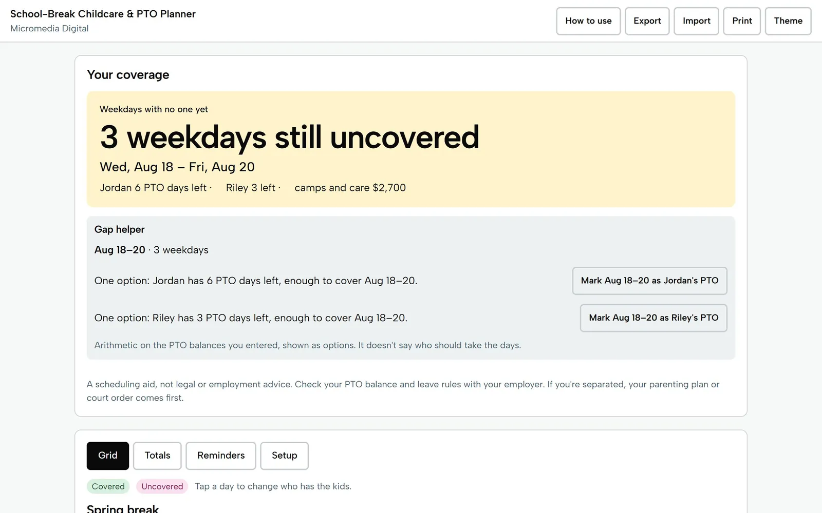 School-Break Childcare & PTO Planner on a laptop: 3 weekdays still uncovered, Aug 18 to Aug 20, with PTO left for two parents