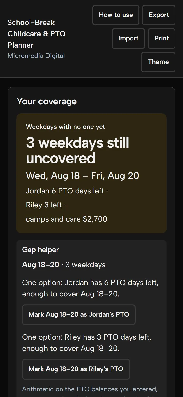 School-Break Childcare & PTO Planner on a phone in dark mode, showing the same coverage